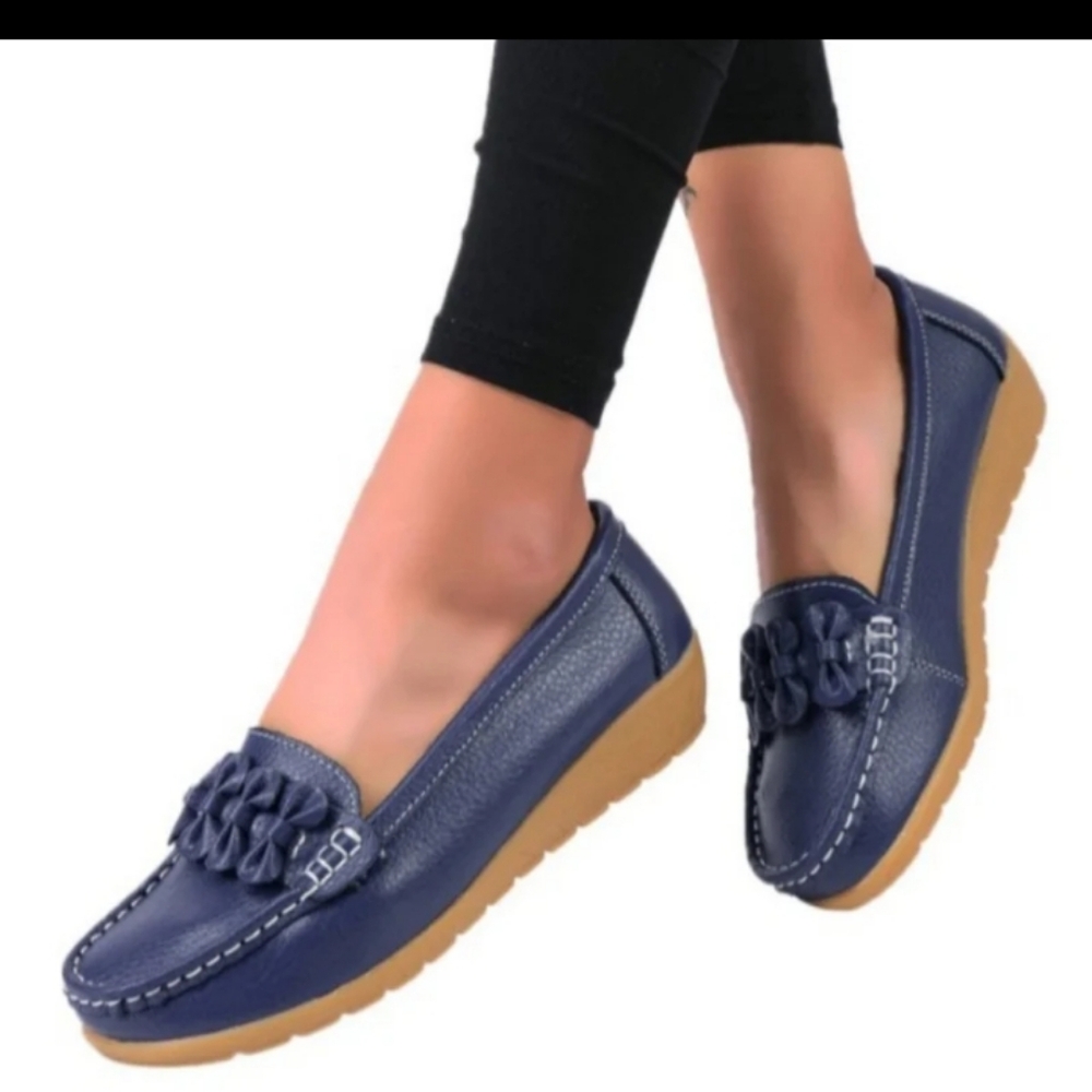 Women’s Navy Blue Casual Loafers with Ruffle Accent